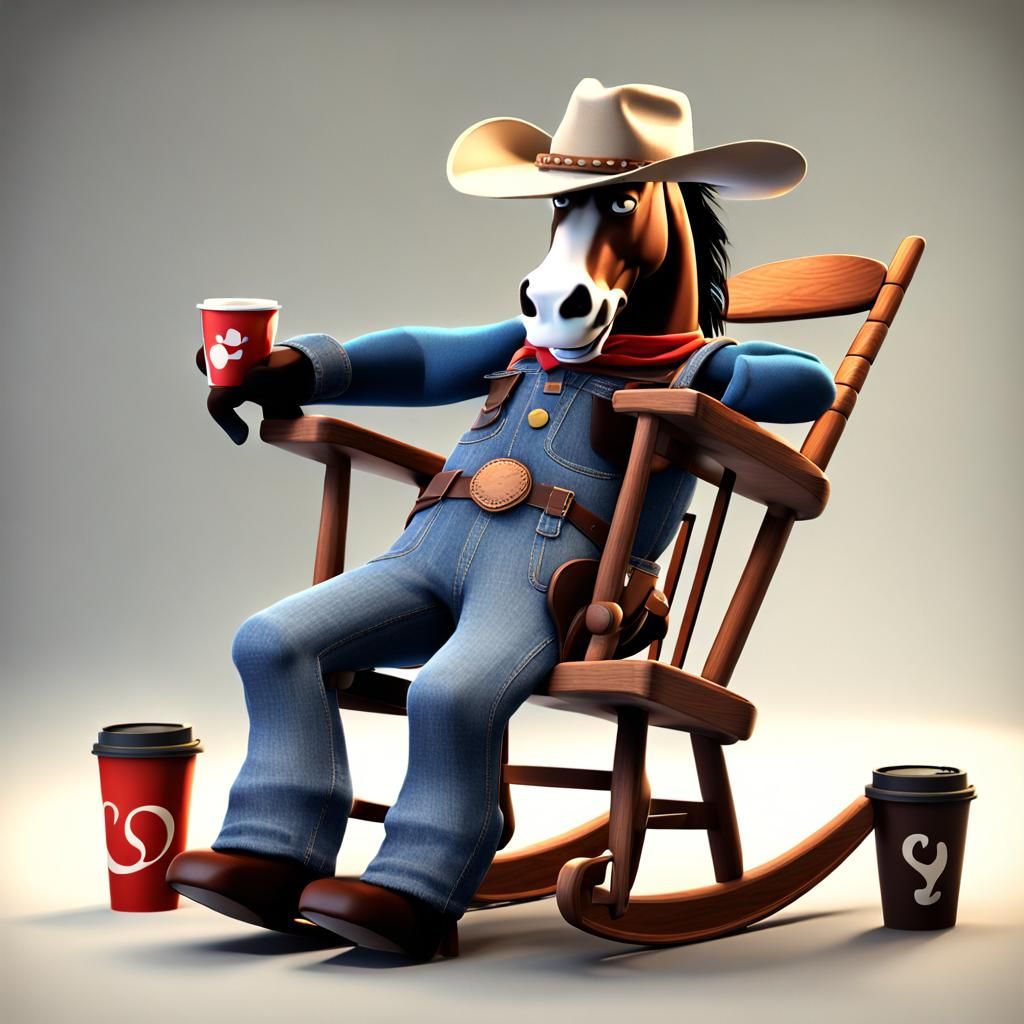 (horse wearing cowboy hat, denim coveralls, 1.3) rocking cha...