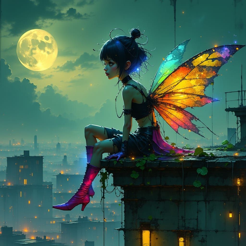 Cyberpunk Fairy in Moonlit Cityscape