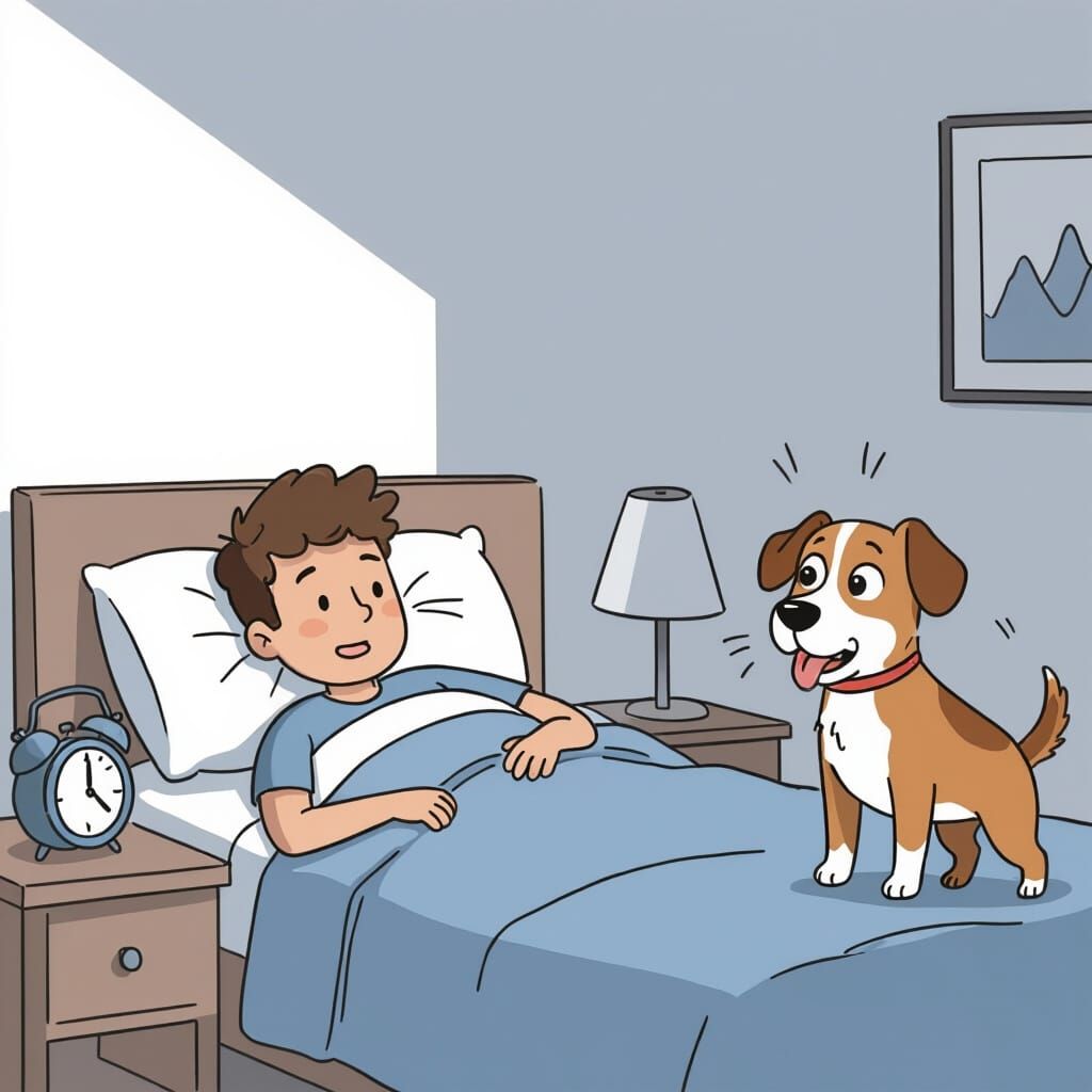 minimalist comic style, simple clean line art, consistent characters, same designs, flat colors, white background.
Scene: the dog jumps onto...