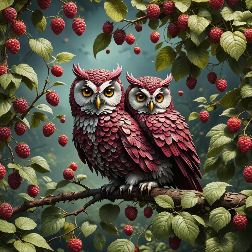 An owl made entirely of raspberries sits on a branch