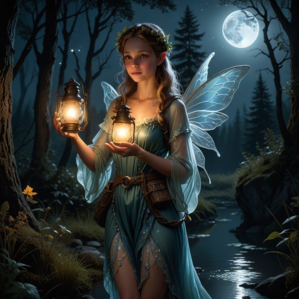 A mesmerizing realistic fairy is carrying a magical Lantern, moonlight reflection, wilderness, nightfall, cinematic lighting, realism 