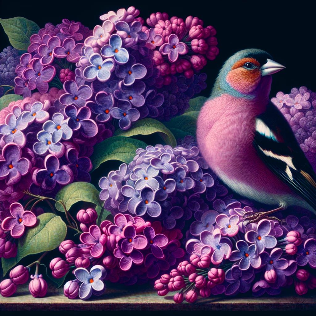 Blooming lilacs (varying shades of purple) with a purple backed Finch resting near the blooms. Close up, HD, technicolor sharp rendering mas...