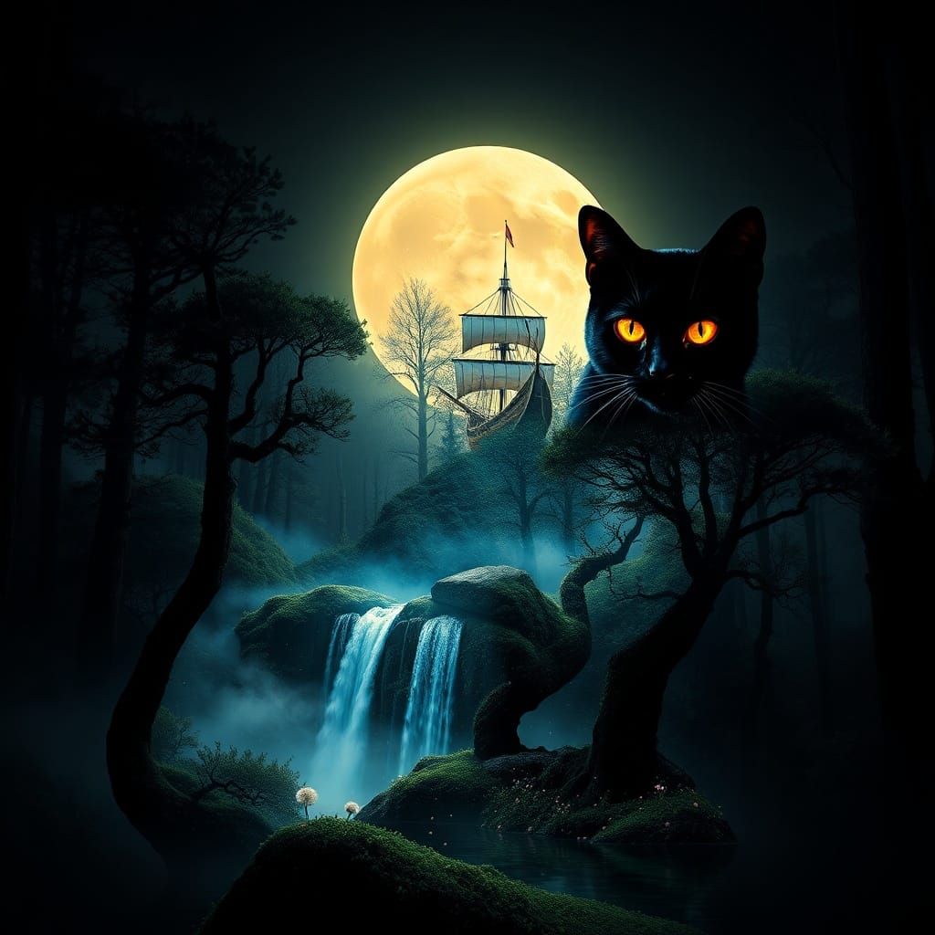 A surreal double-exposure animation blends a dark silhouette of a black cat with a mystical forest landscape ...  by @Vader1
