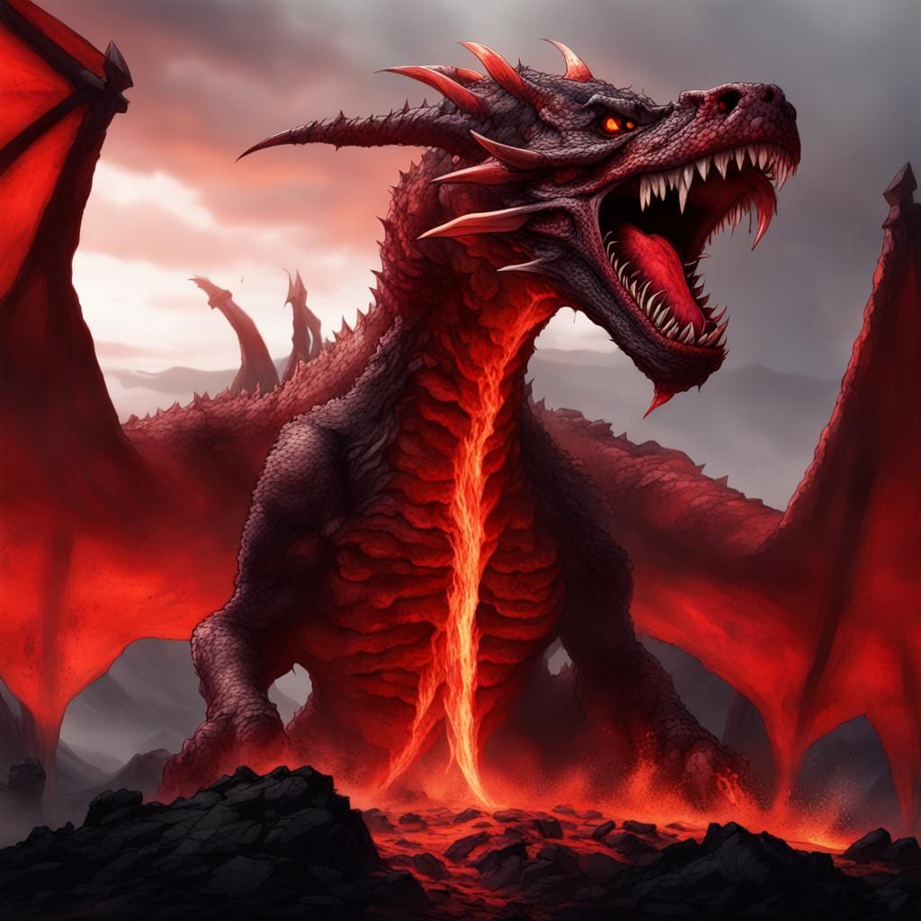 red wyvern with giant fangs with blood dripping down atop a mountain ...