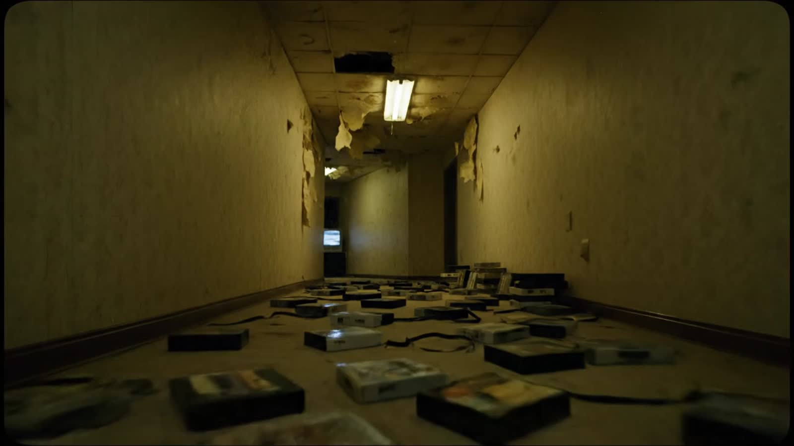 A dim, liminal Backrooms-style hallway lit by buzzing fluorescent lights. Yellowed wallpaper, damp ceiling tiles, and en...