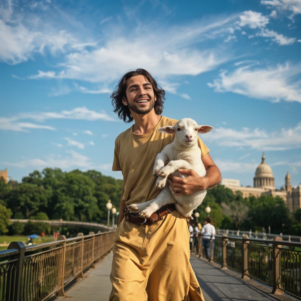 Jesus Carries a Lamb Across a Bridge in Central Park