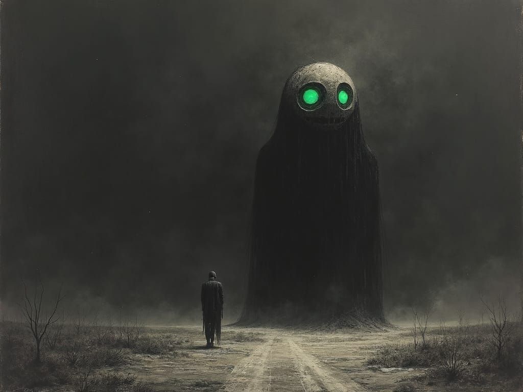 Eerie Figure in Charcoal Landscape with Piercing Green Eyes