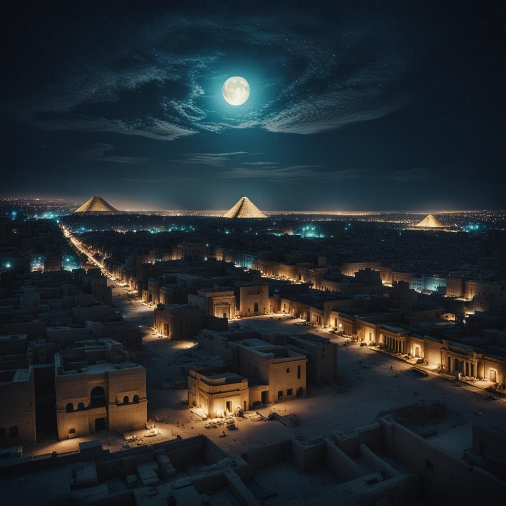 Egyptian city view. Dark Night sky. Stars and bright moon. 