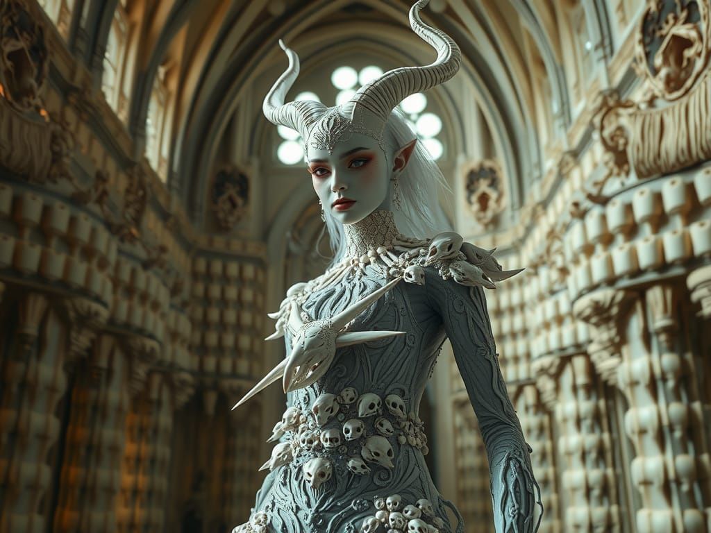 (Photorealistic photo:1.3) of a beautiful female demon adorned with intricate porcelain cat skulls, full ...  by @meshimesh 420