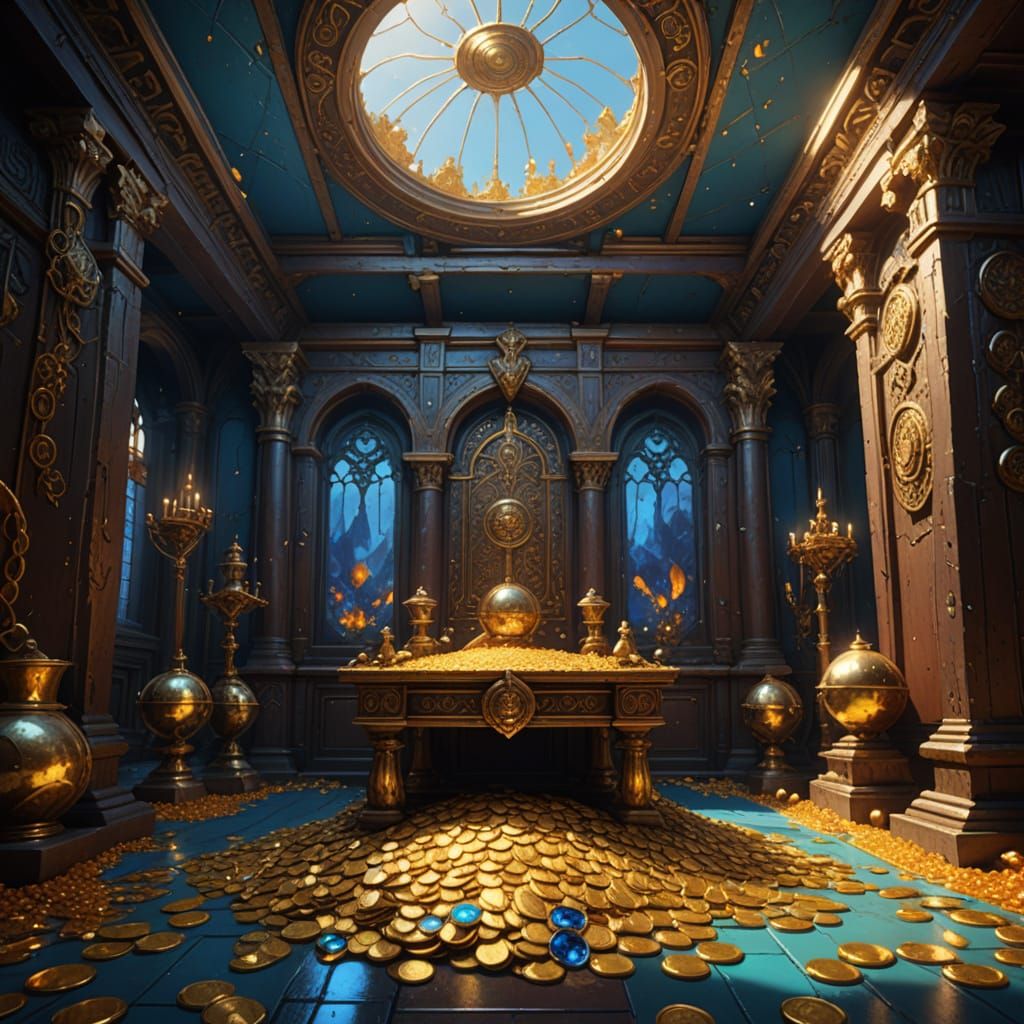 A huge pile of gold coins, jewels, magical weapons and armor covering the floor of an ancient treasure room. The hoard is revealed by light ...