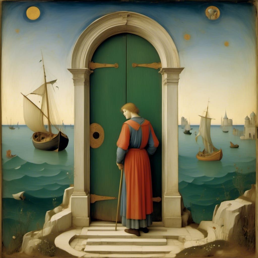  <lora:Medieval Spirit:1.0> A door standing alone in the middle of an endless ocean