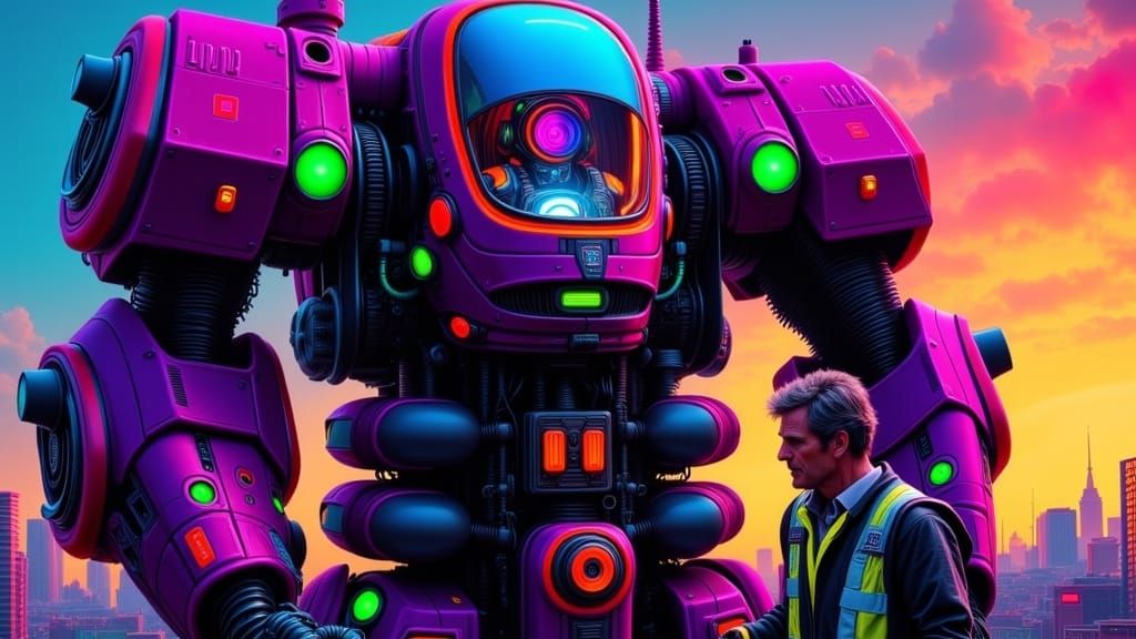 A gargantuan mecha suit whose cockpit door opened up showing a pilot situated inside who is pointing out problem areas to a mechanic working...