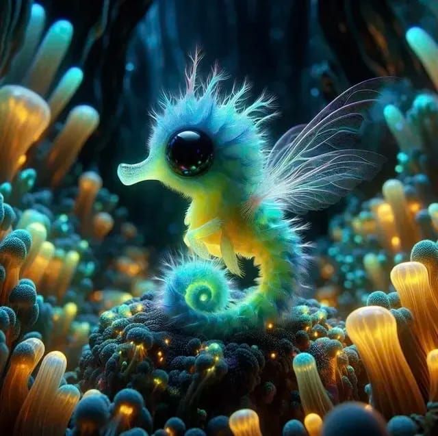 Teeny Tiny Blue-Yellow Fluffy Seahorse