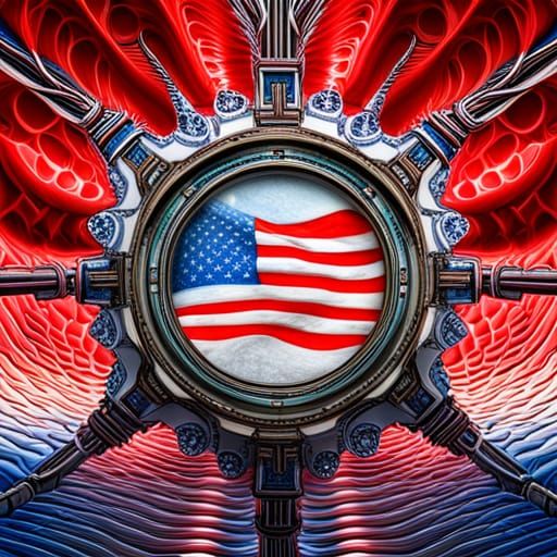 psychedelic steampunk, USA flag, red white blue flag, cosmic surrealism ...