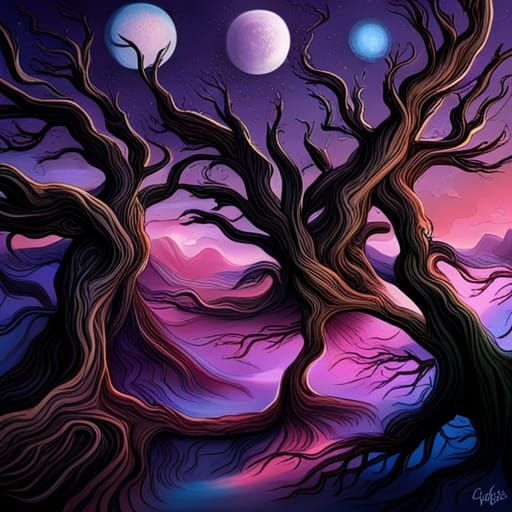 Gnarled Trees Beneath Alien Moons