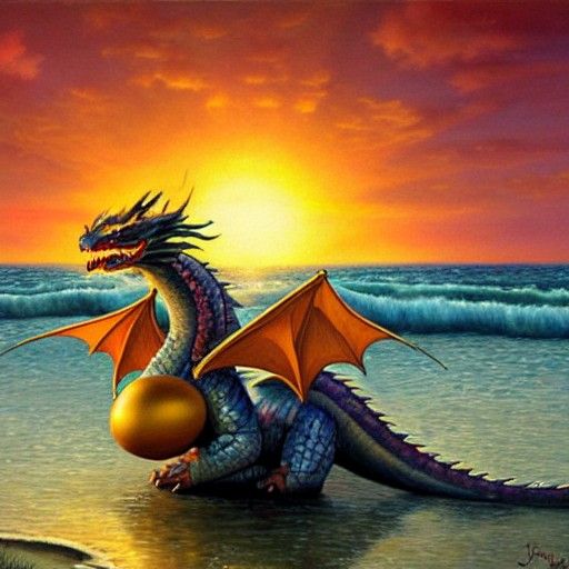 Sunset dragon with a golden egg