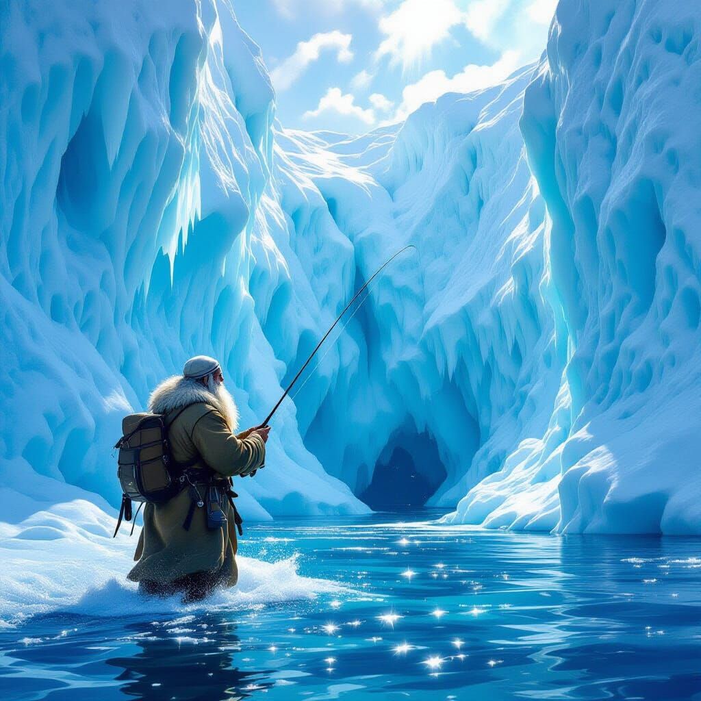 a old man fishing whales on an iceberg