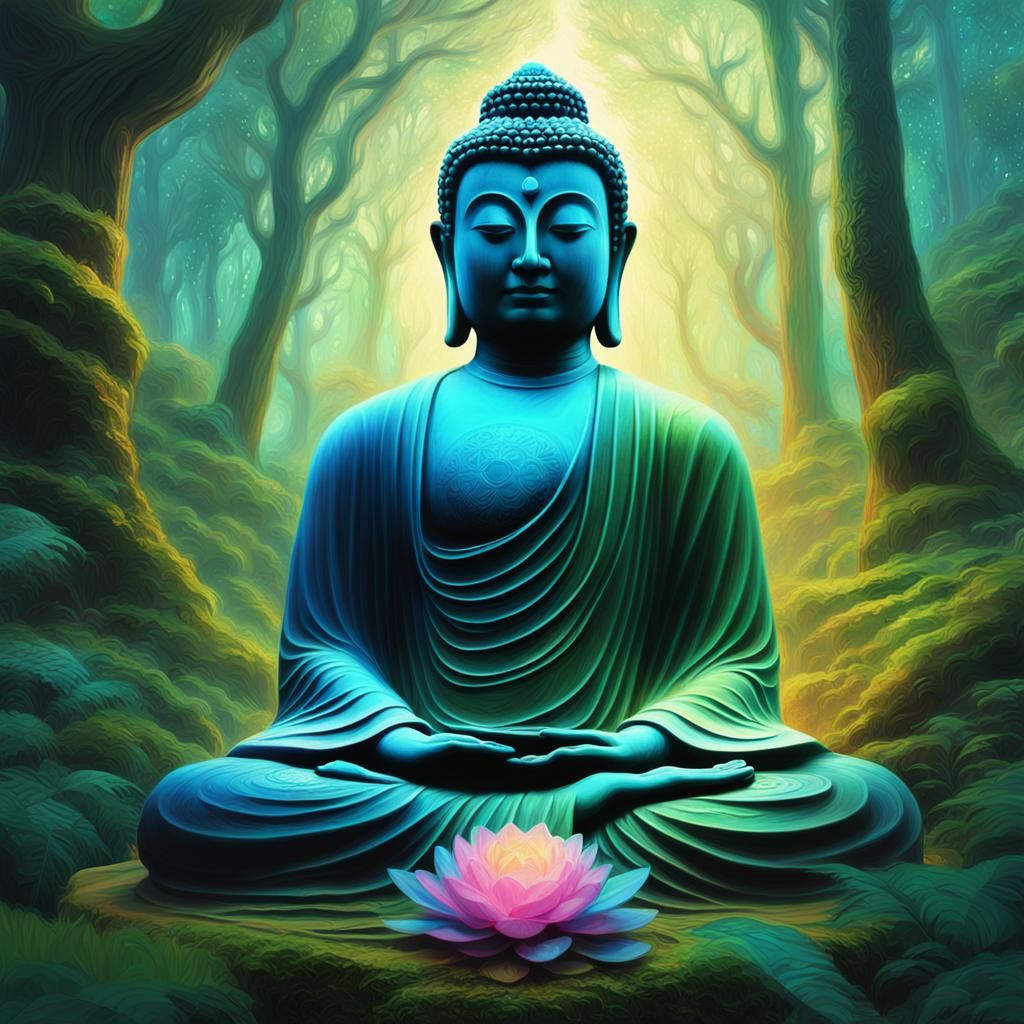 Buddha Figure with Sutra in Beksiński Style