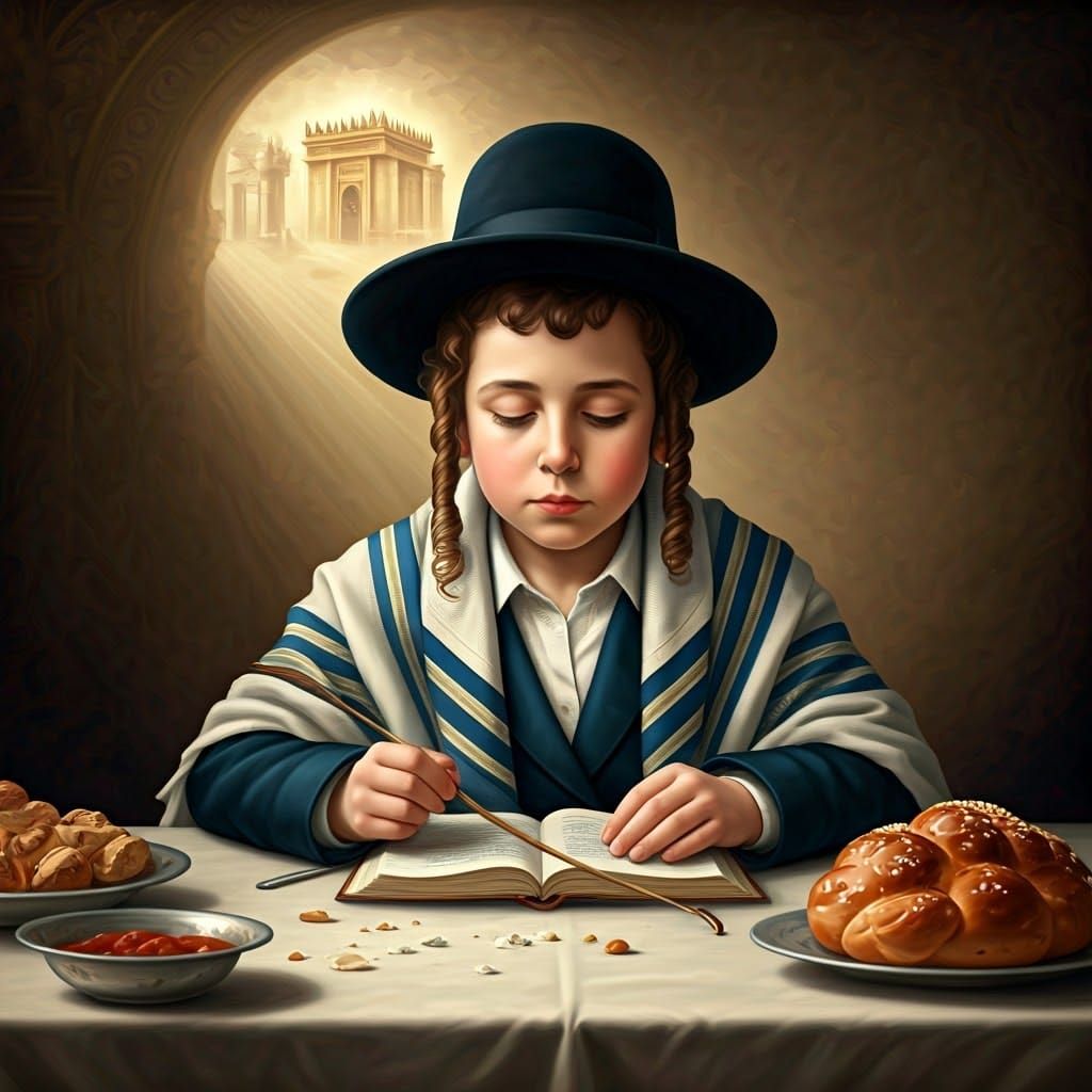 Orthodox Hasidic Boy Blesses Food Amidst Temple Dreams