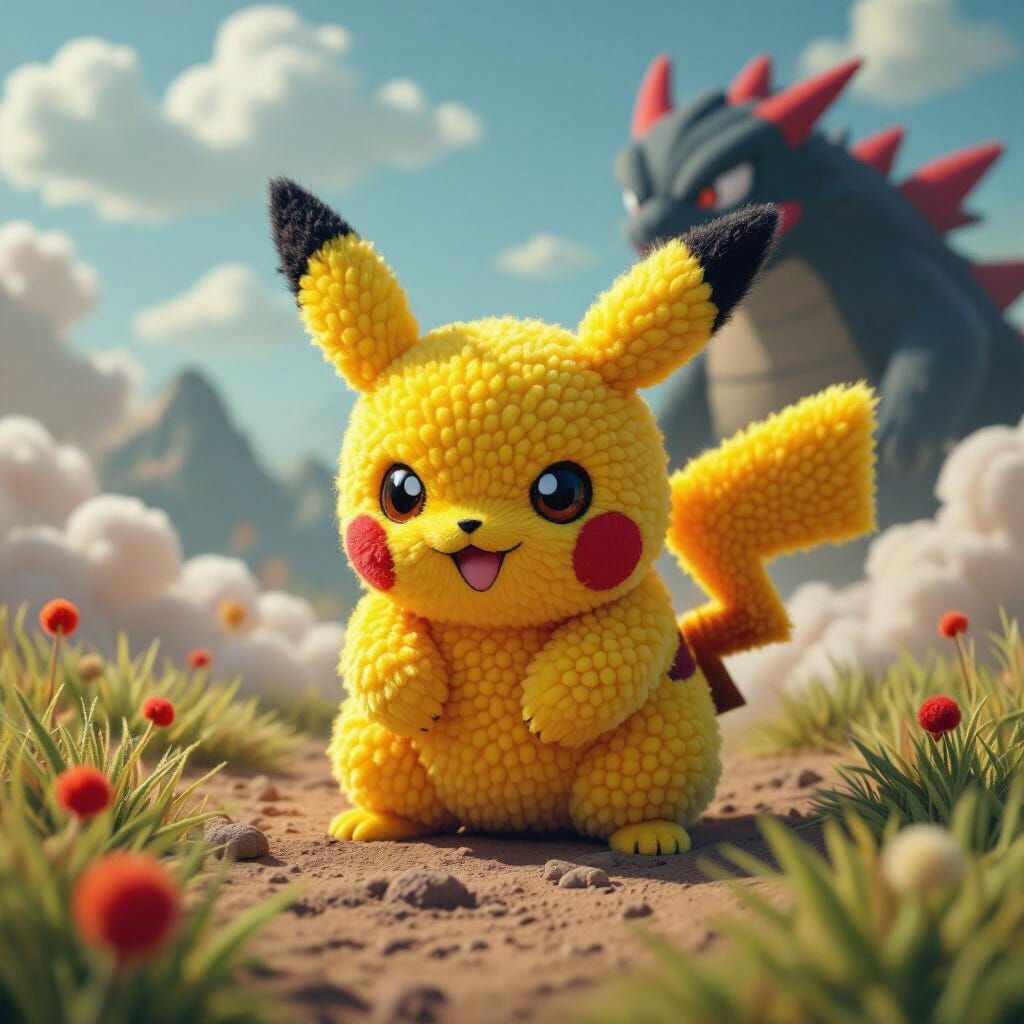 Pikachu Pom Pom Art in Murakami Style