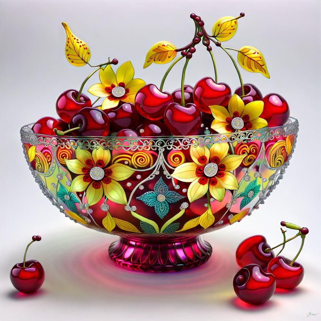 a vibrant zentangles and filigree full-body crystal bowl of jucie red and yellow cherries and flowers ...  by @Eggsquizit