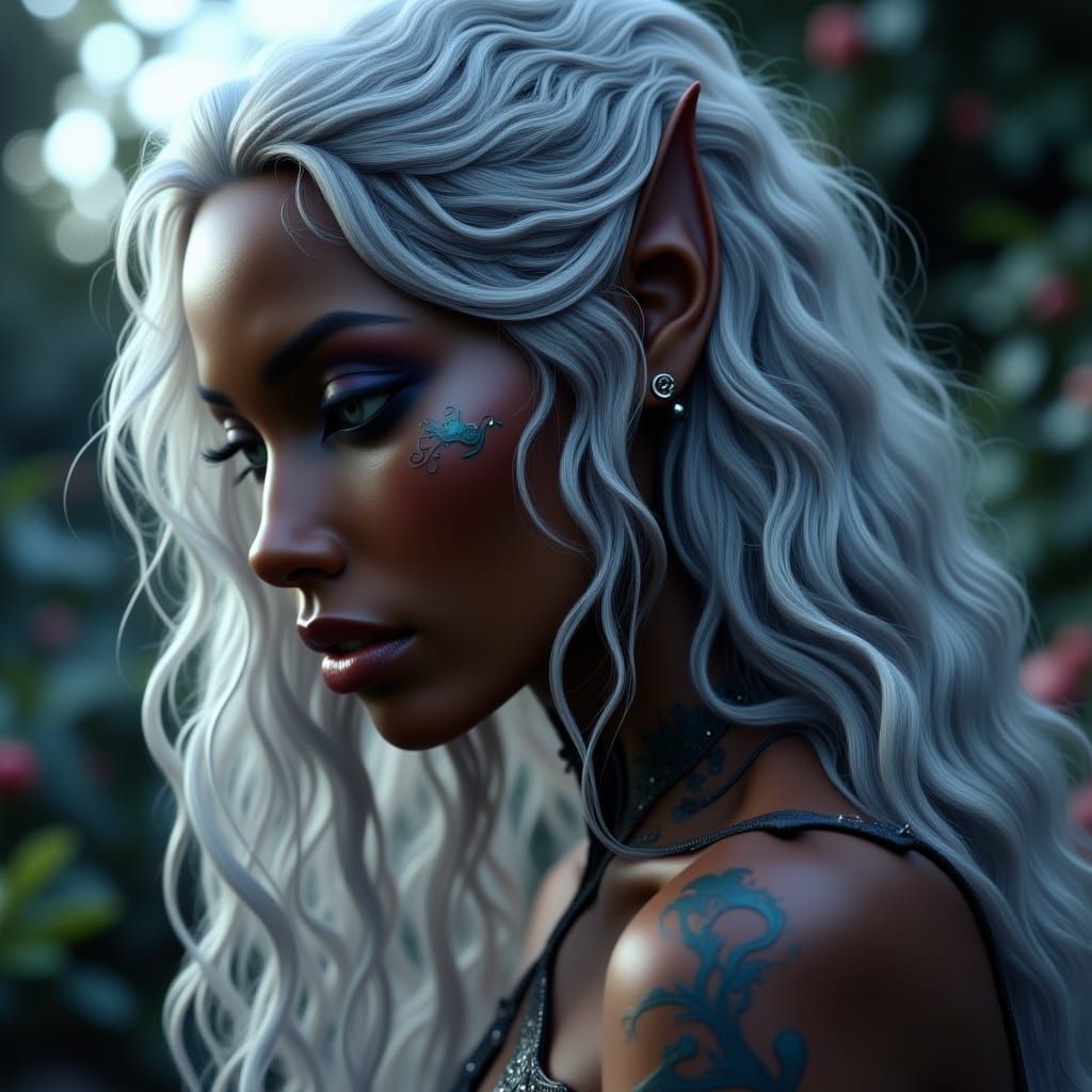 A dark-skinned elven princess poses for a head and shoulders close-up portrait. Ethnic skintones. Silver-hair. Profile.Three-quarters view....