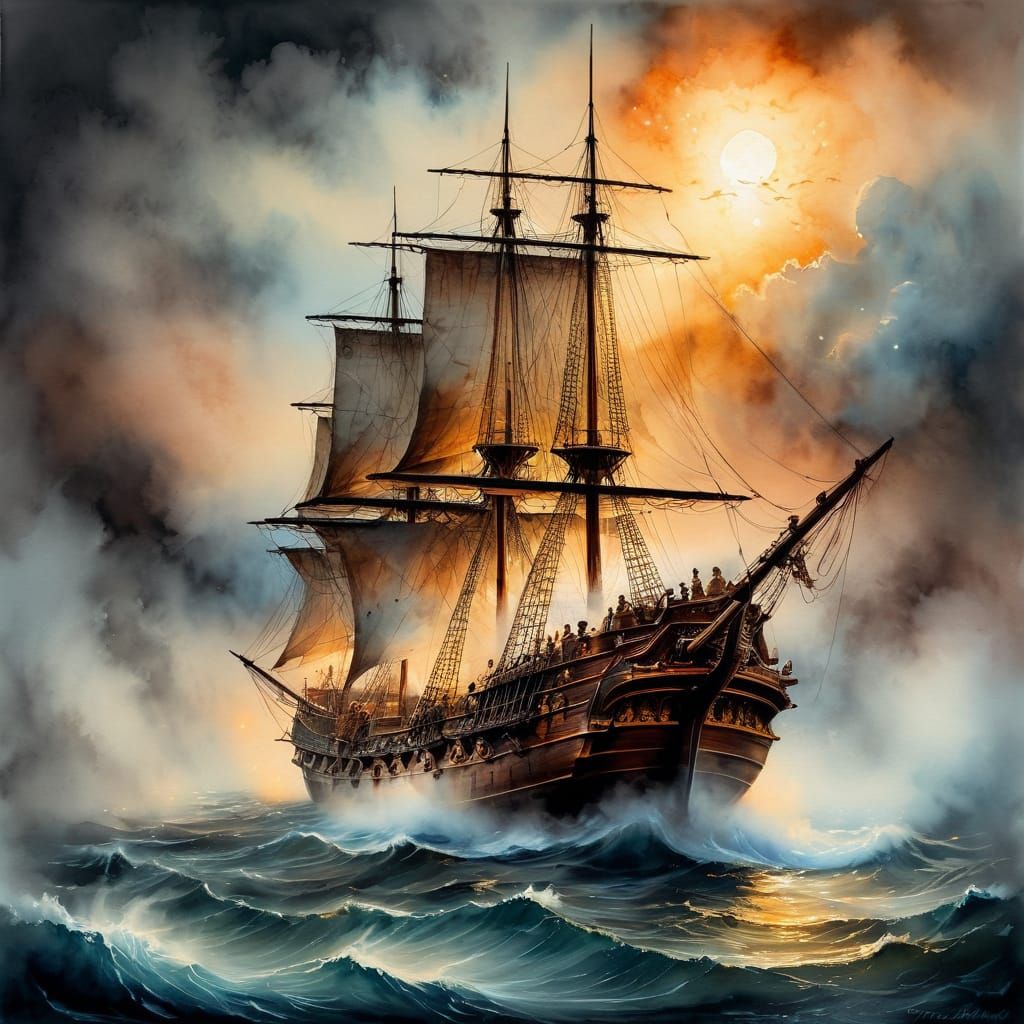 Ancient warship made of translucent white smoke on a canvas #2