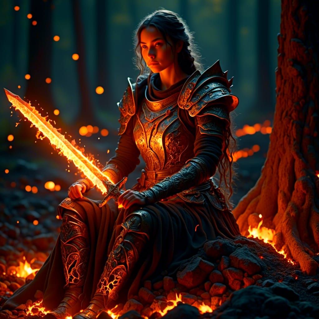 a highly detailed fantasy image, A maiden warrior sits beside a campfire holding a sword across her knees, the sword glows with an orange gl...