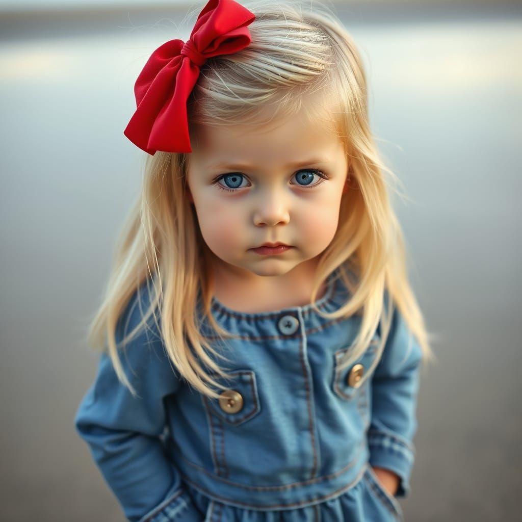 Blonde Girl with Red Ribbon on a Beach