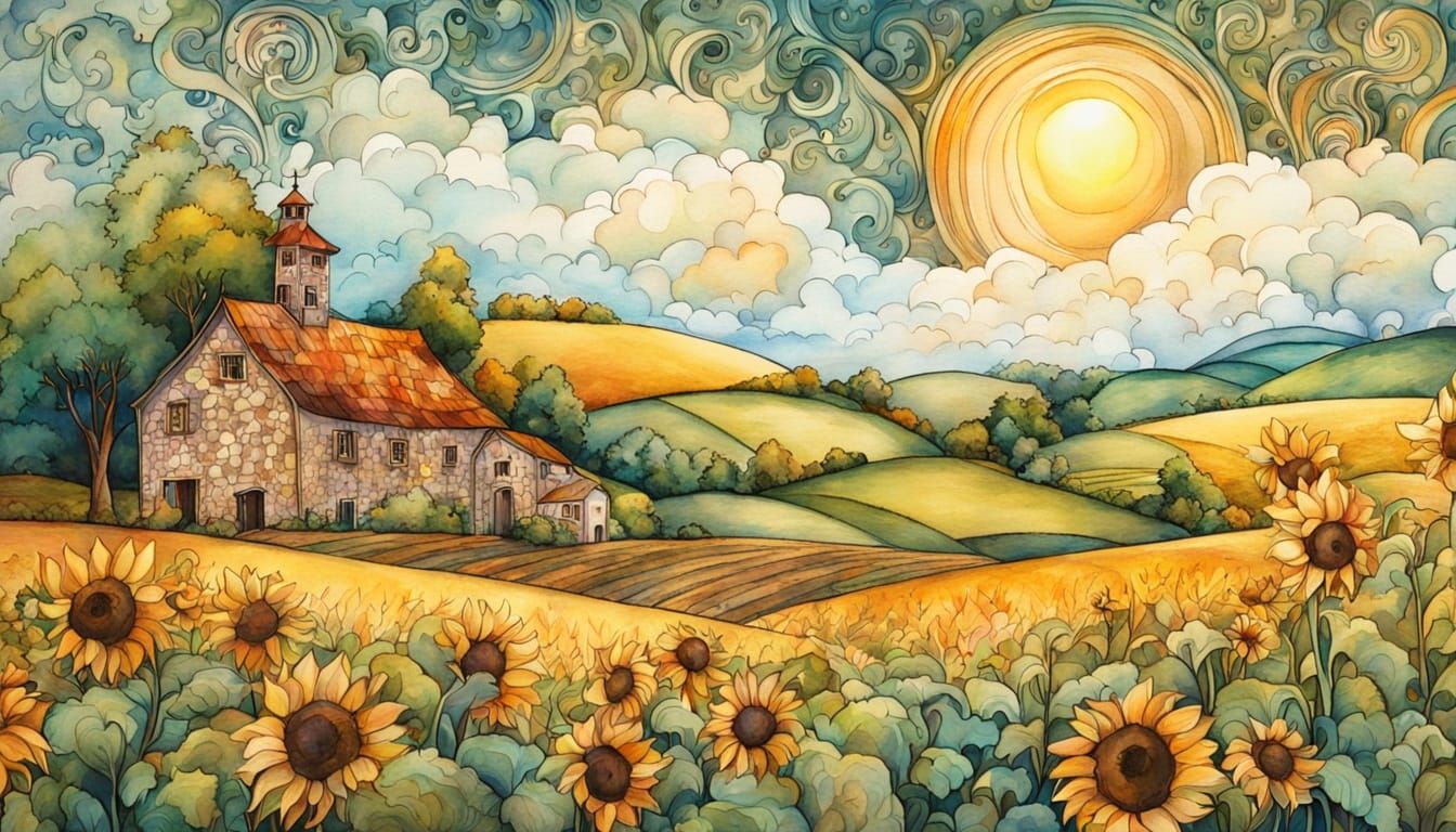 Serene Rural Landscape in Whimsical Watercolor