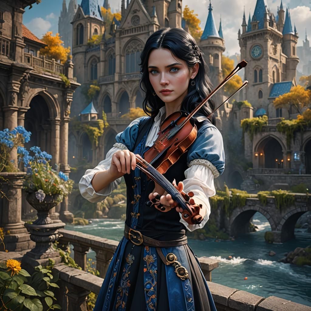 A very beautiful girl with blue eyes and black hair who play...