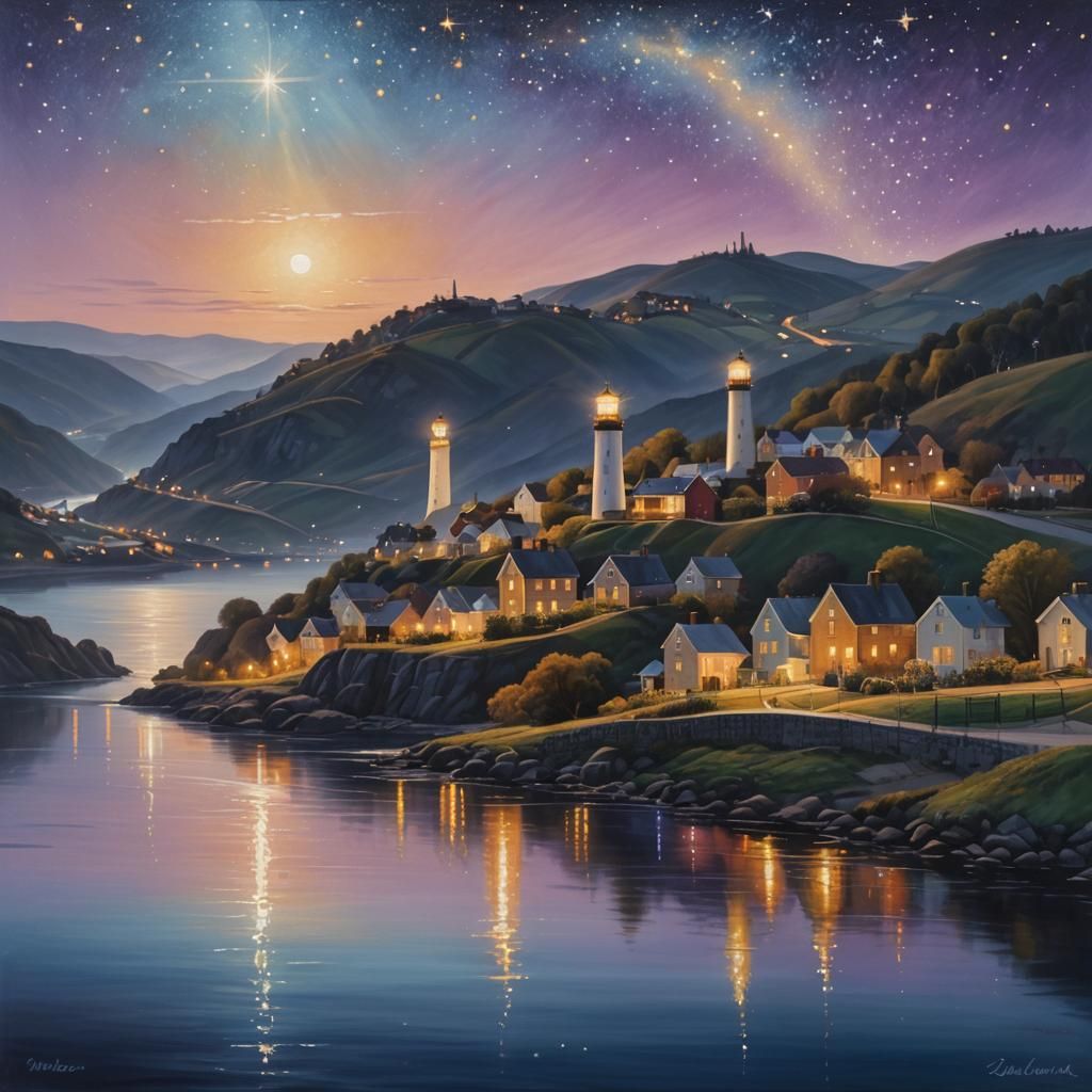 A river runs between 2 hills, on one hill there is a lightho...