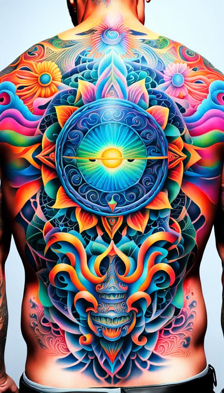 Psychedelic full back tattoo for men