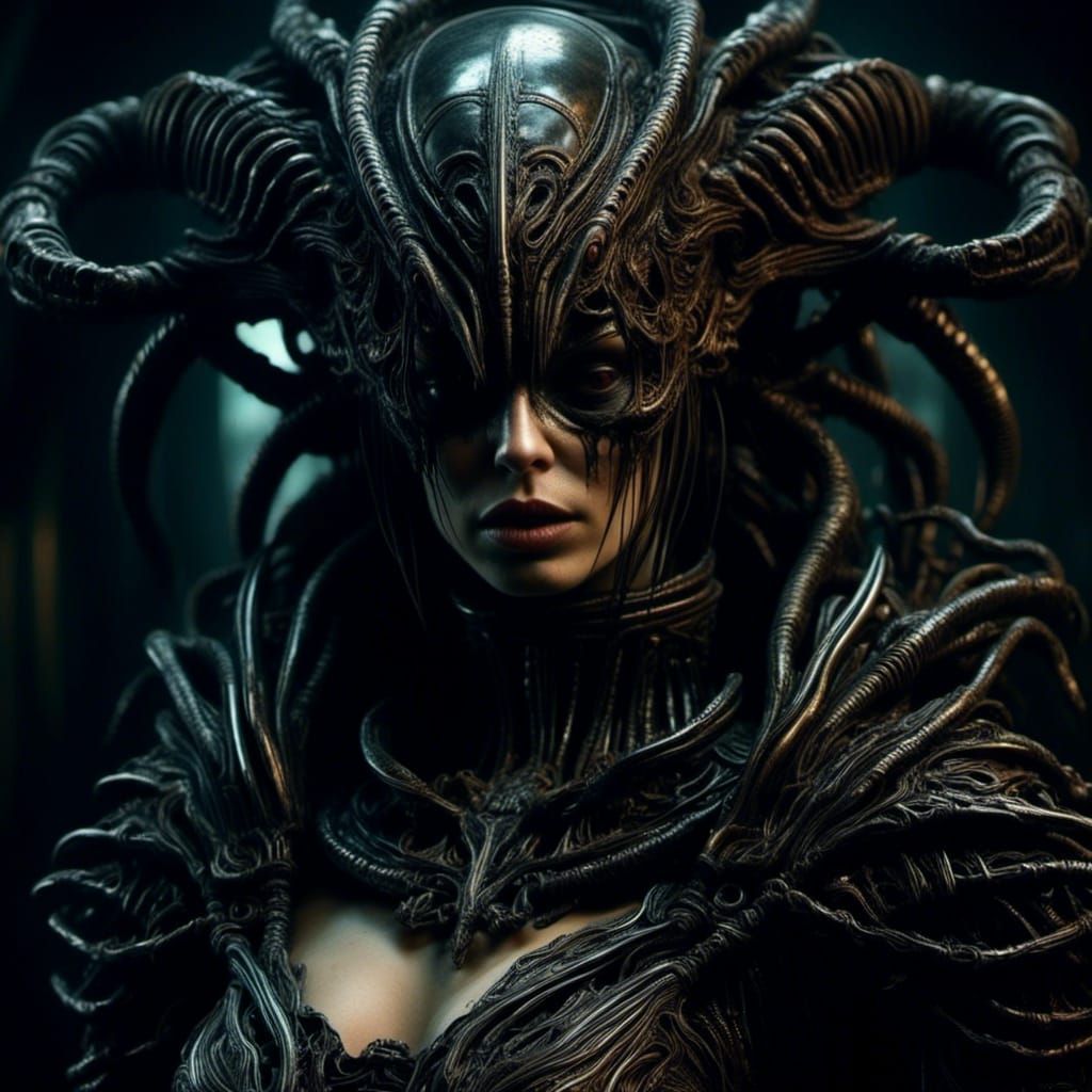 <lora:Xenomorph:1.0> a hyperrealistic image of a attractive woman in the style of Simon Bisley with a sinister  mood and a more sinister bac...