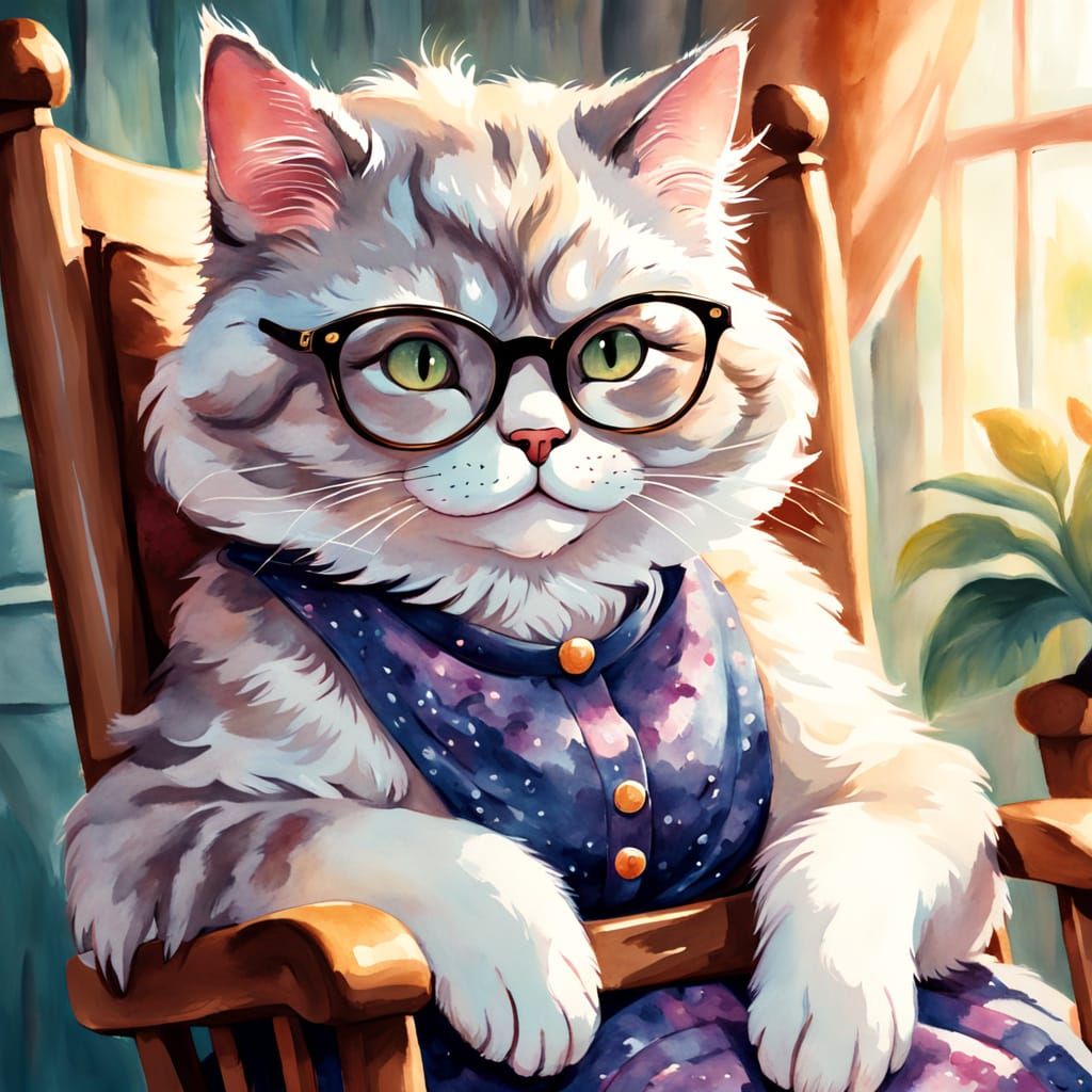 A grandma cat wearing glasses sitting in a rocking chair