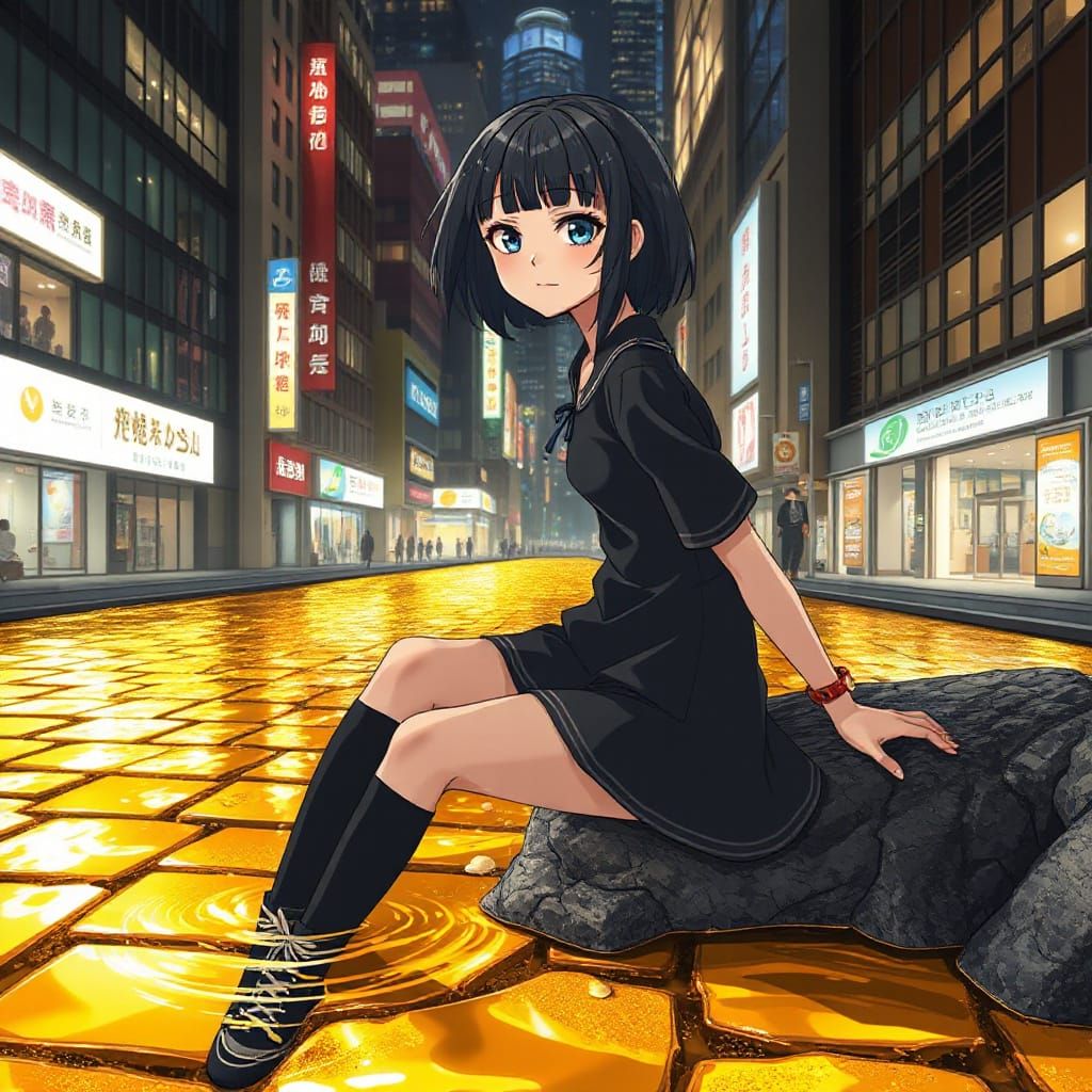 Anime Girl by Golden River in Cityscape