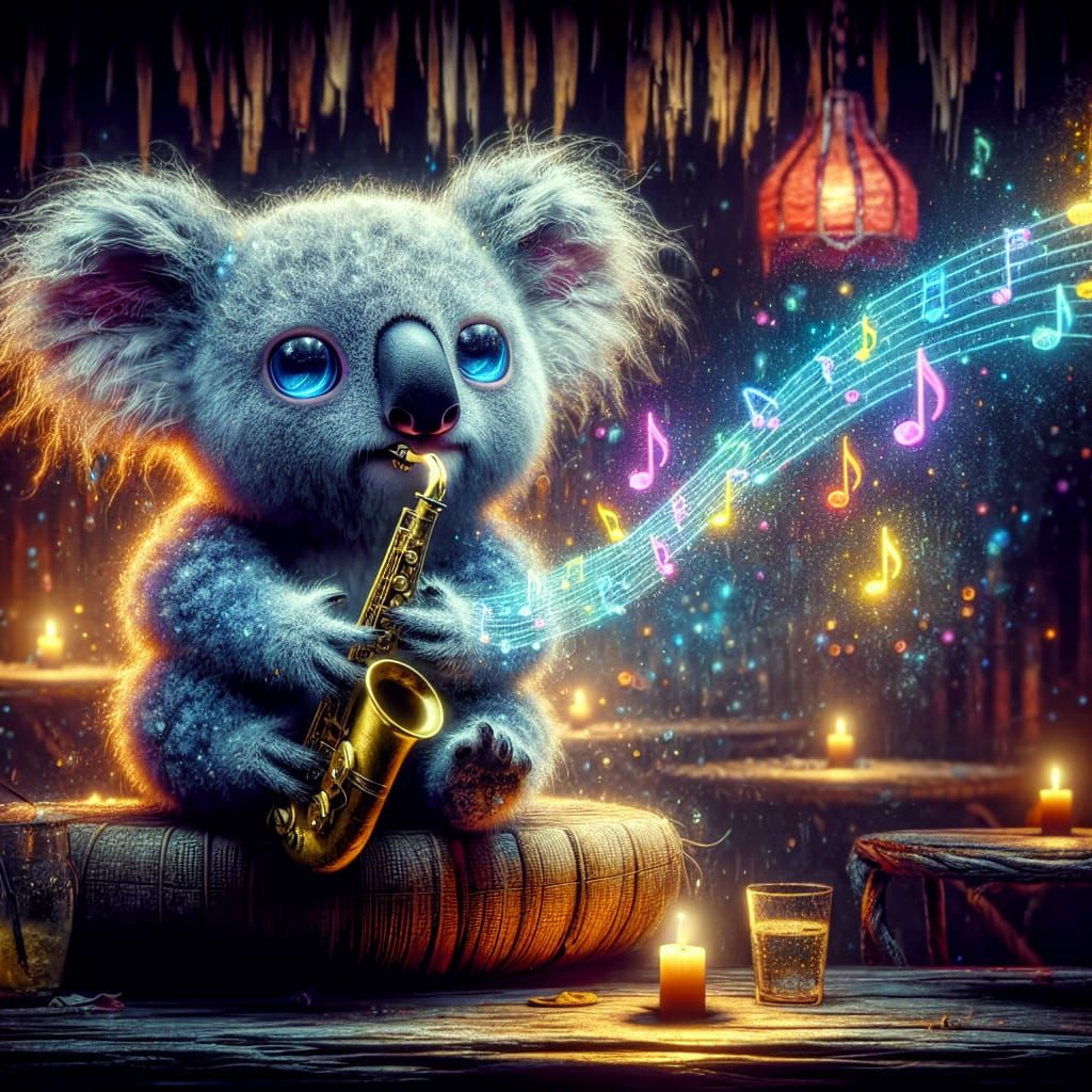 an adorable koala playing a Jazz saxophone in a Tiki Bar  by @Rmercier60 