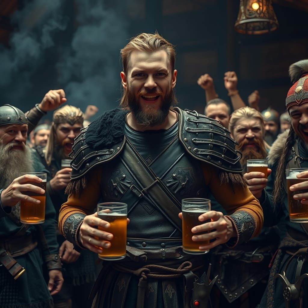 Chris Hemsworth surrounded by happy beer chugging Vikings.