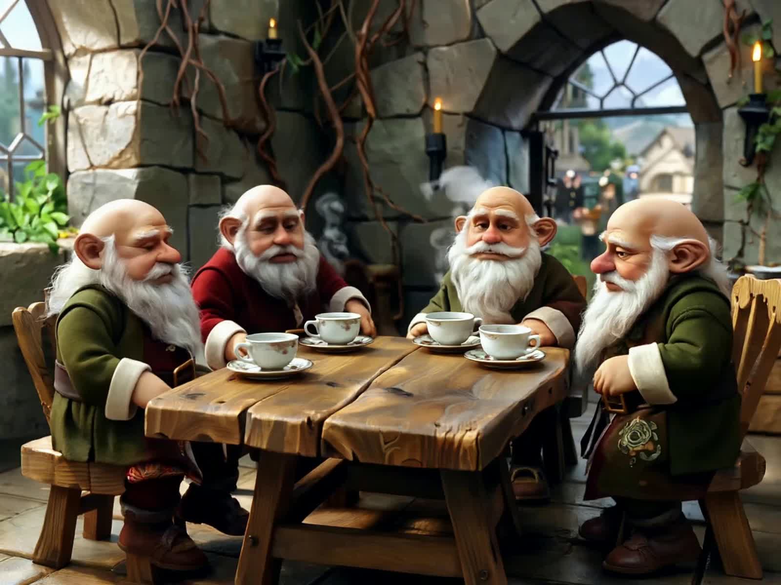 4Dwarves meet around the table in a cave around a table drinking tea . Shown lifting their cups to lips, drinking tea an...