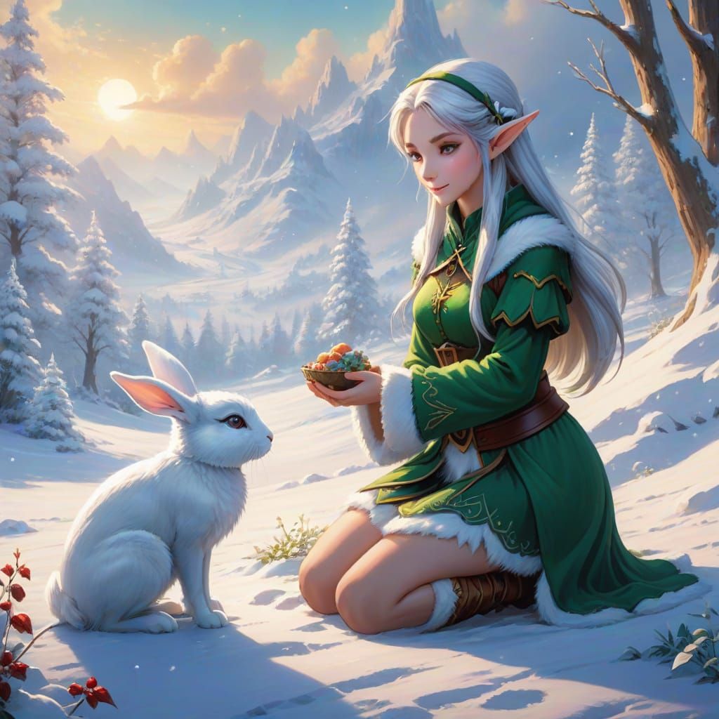 Feeding a snow bunny