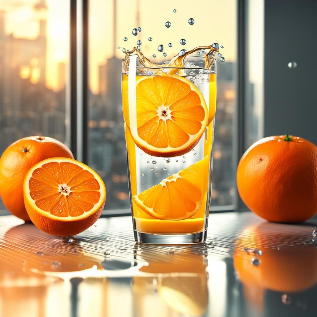 An orange slice drinking orange juice from a cup