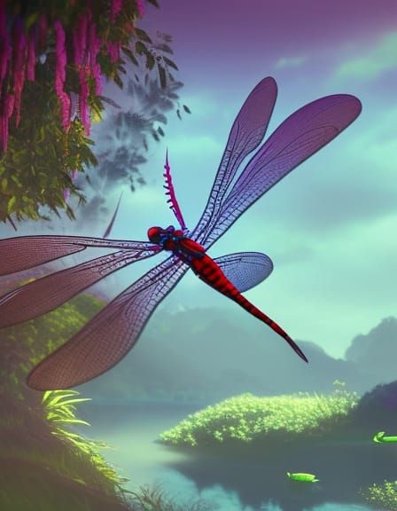 Dragonfly over a river 