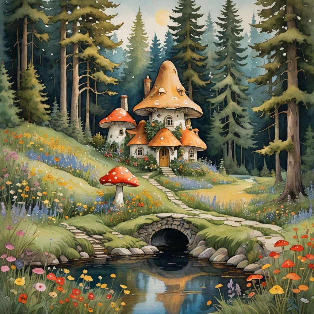 Cute mushroom fairy cottage in a field of wildflowers by a s...