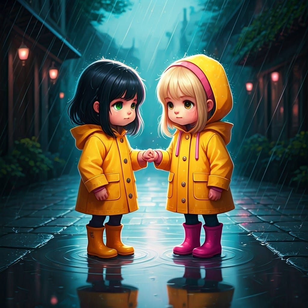 Two Tiny Girls Embrace in Rainy Street Scene