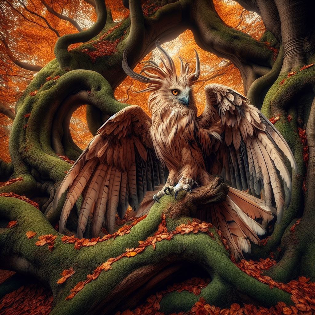 A mythical Harpy perched on an ancient tree