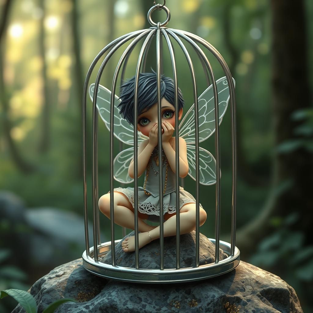 Hyperrealistic digital illustration of A tiny, beautiful filigree fairy wearing a modern outfit with leggings, locked crying inside a silver...