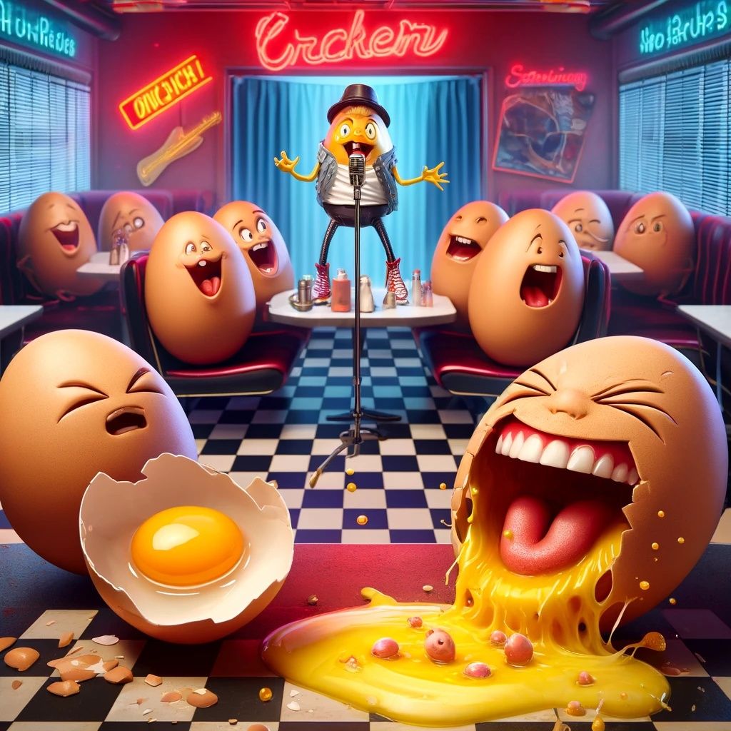 "Why don't eggs tell jokes? They'd crack each other up!"