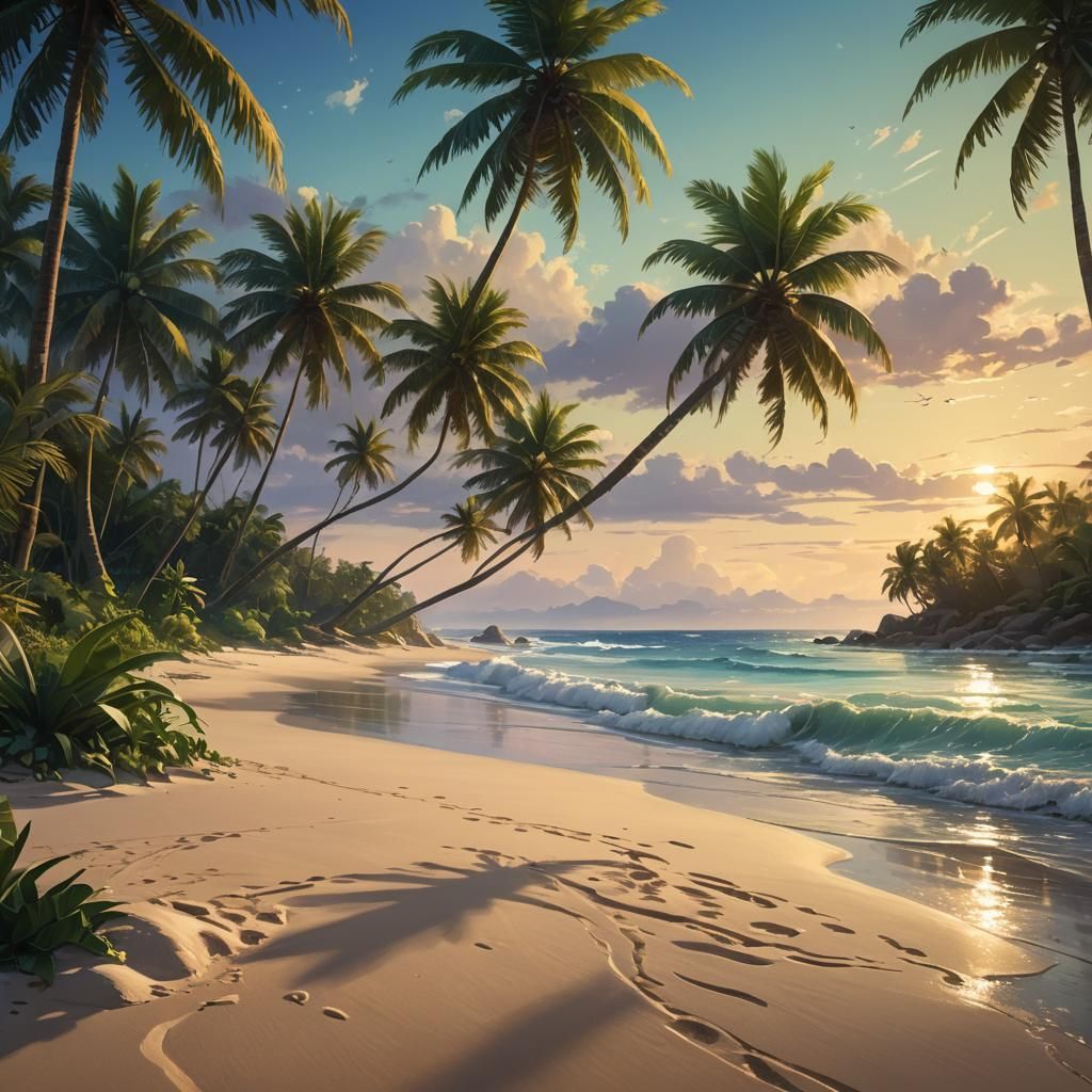 A serene tropical beach at dusk, bathed in warm, golden ligh...