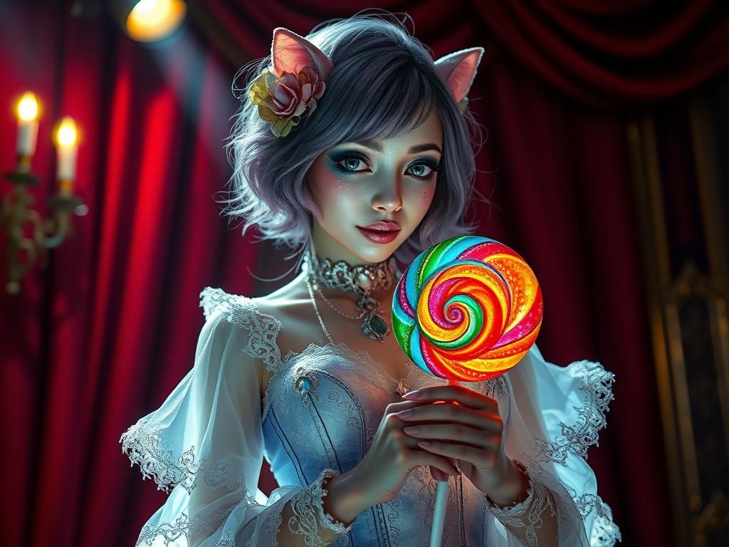 Gothic Victorian Girl with Lollipop on Stage