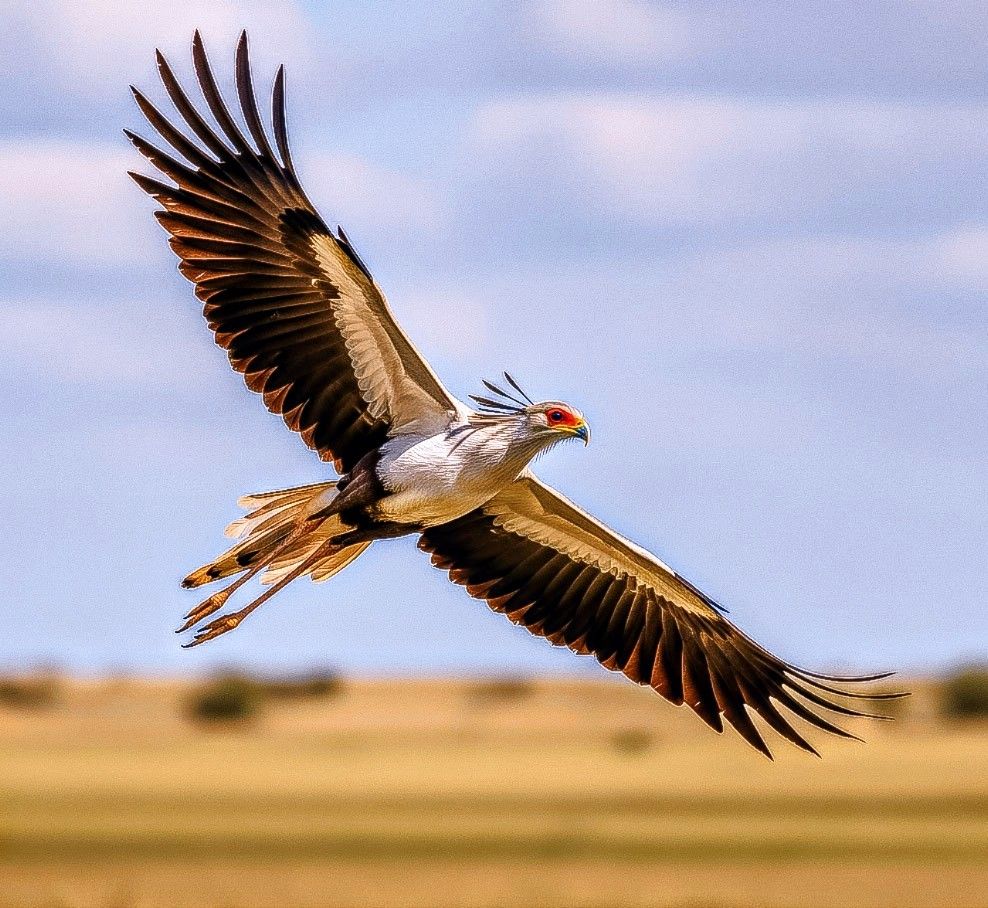 Secretary bird in flight over the savannah